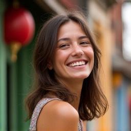 Jeune femme voyageant seule, souriante.